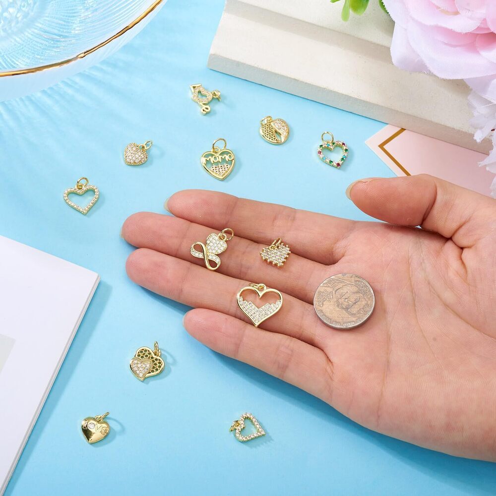 6329 12Pcs Brass 18K Gold Plated Heart Charms Cubic Zirconia Crystal Charms - Picture 5 of 7